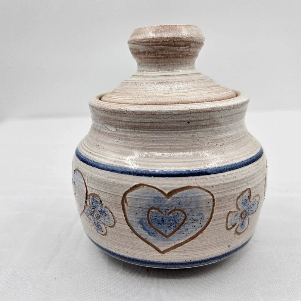 Rowe Pottery Works Lidded Sugar Bowl Heart & Flower Blue Salt Glazed Stoneware